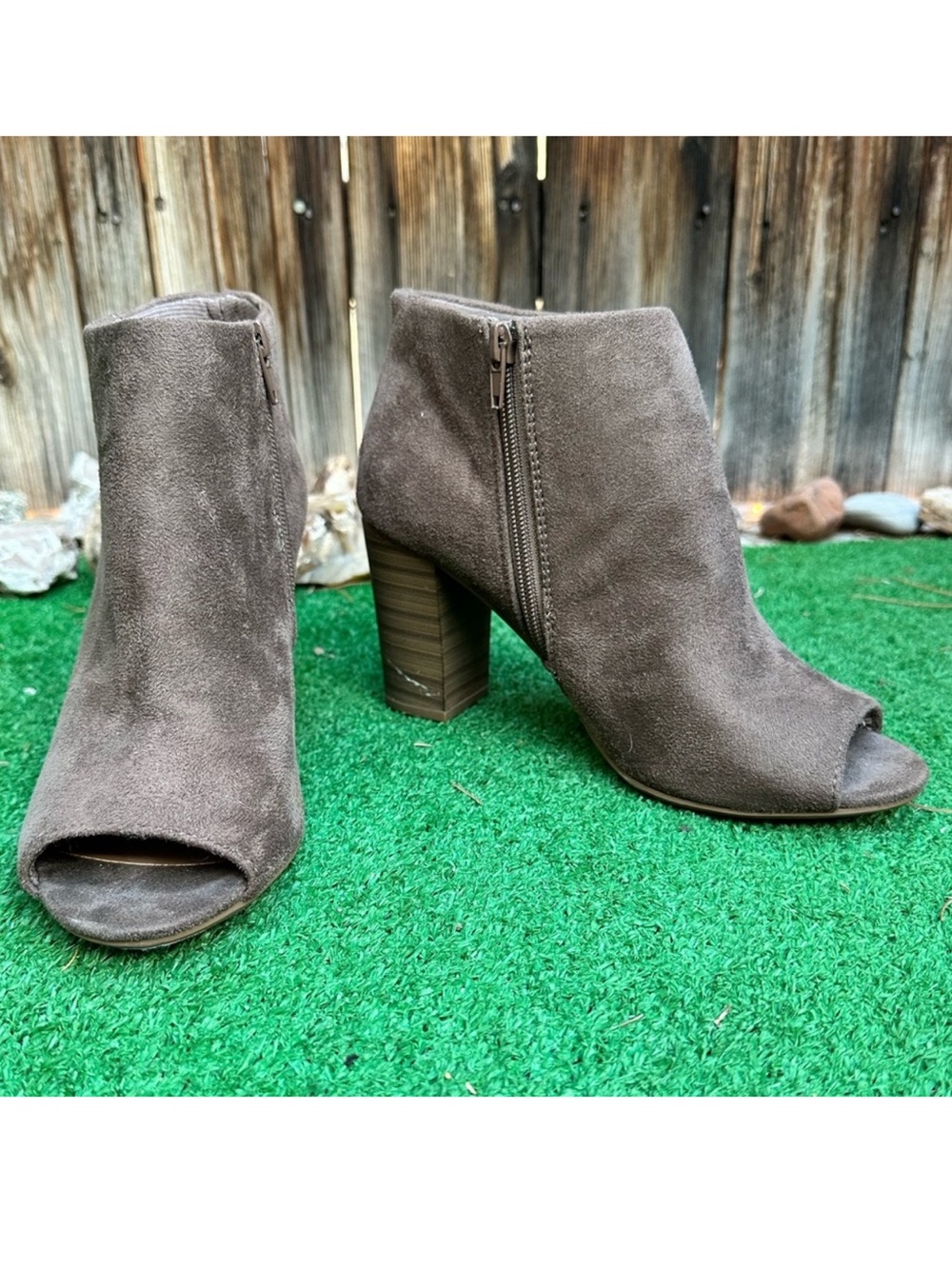 D. Taupe Suede-like Peep-Toe Block Heel Ankle Booties